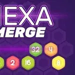 紫の背景に「HEXA MERGE」というテキストと、数字が書かれたカラフルな六角形のピース。