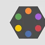 灰色の背景に黒い六角形があり、六角形の内部にオレンジ、紫、赤、青、緑、黄の6つの色付きの円が配置されています。