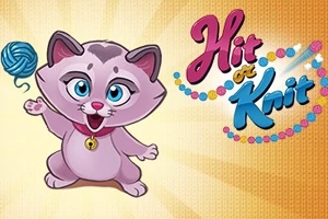 ピンクの猫が毛糸の玉を持っており、背景にカラフルなロゴがあるイラスト。