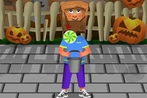 ハロウィンの背景に、紙袋をかぶったキャラクターが、バケツを持って立っている。