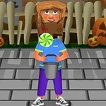 ハロウィンの背景に、紙袋をかぶったキャラクターが、バケツを持って立っている。