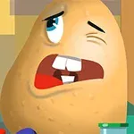 アニメ風のじゃがいもが目をつむって驚いた表情をしており、紫色の鍋や他の台所用品が周囲にある。