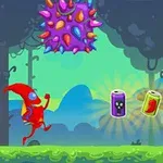赤いキャラクターが森の中でカラフルな障害物と缶を前に走っている場面。