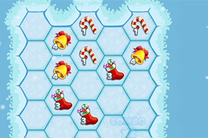 六角形のグリッド上にベル、キャンディケイン、クリスマスストッキングのアイコンが配置された冬のテーマのデザイン。