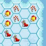 六角形のグリッド上にベル、キャンディケイン、クリスマスストッキングのアイコンが配置された冬のテーマのデザイン。