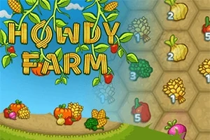 青空の下、トウモロコシと果物で飾られた「HOWDY FARM」の文字と、野菜や果物が描かれた六角形のグリッド。