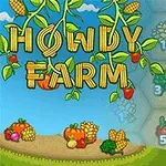 青空の下、トウモロコシと果物で飾られた「HOWDY FARM」の文字と、野菜や果物が描かれた六角形のグリッド。