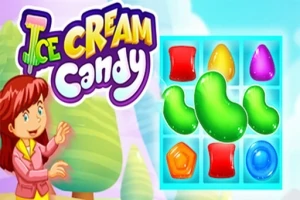 赤い髪のキャラクターとカラフルなお菓子のパズルが描かれている明るい背景のイラスト。