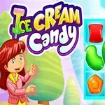 赤い髪のキャラクターとカラフルなお菓子のパズルが描かれている明るい背景のイラスト。
