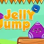 紫色のゼリーのキャラクターと青いブロックが木のプラットフォーム上に描かれたイラスト。