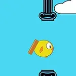 黄色い鳥が水平方向に飛んでいる空の背景に、雲と柱が描かれている。