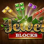 色とりどりの宝石ブロックが散りばめられた、葉の装飾が施された「Jewel Blocks」のロゴ。