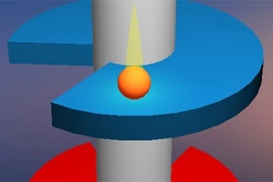 青いプラットフォームにあるオレンジ色のボールが、灰色の柱を中心に配置されているシンプルな3D構図。