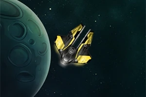 緑色の惑星の近くに飛んでいる黄色と黒の宇宙船。