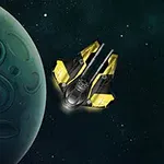 緑色の惑星の近くに飛んでいる黄色と黒の宇宙船。