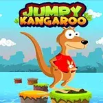 赤い服を着たカンガルーが水面の浮き島に立っているイラスト。