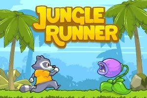 ジャングルの背景で、木の間を駆けるアライグマと向かい合う紫色の食虫植物。