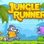 ジャングルの背景で、木の間を駆けるアライグマと向かい合う紫色の食虫植物。