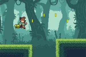 ドット絵の人物が森の中でジャンプし、上にコインが並んでいるシーン。