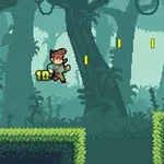 ドット絵の人物が森の中でジャンプし、上にコインが並んでいるシーン。