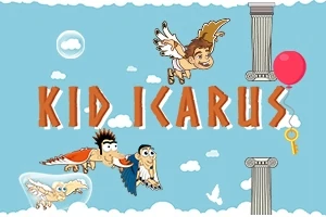 青い空を背景に、翼を持つキャラクターたちが飛び、ギリシャ風の柱と赤い風船が描かれているイラスト。