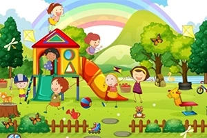 カラフルな遊具や滑り台で遊ぶ子供たちが緑豊かな公園で楽しんでいる様子。