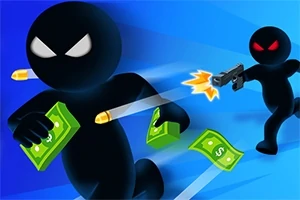 黒いキャラクターが現金を持って走り、その後ろで銃を持つ別の黒いキャラクターが追いかけているイラスト。