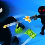 黒いキャラクターが現金を持って走り、その後ろで銃を持つ別の黒いキャラクターが追いかけているイラスト。