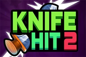 緑色と赤色のテキスト「KNIFE HIT 2」とナイフが突き刺さった木の円盤のイラスト。