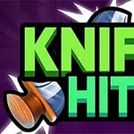 緑色と赤色のテキスト「KNIFE HIT 2」とナイフが突き刺さった木の円盤のイラスト。