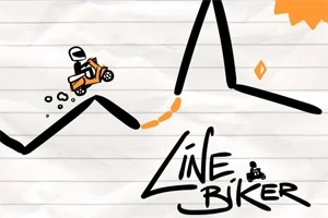 バイクに乗ったキャラクターが手描き風の線の上を走行しているイラスト。