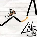 バイクに乗ったキャラクターが手描き風の線の上を走行しているイラスト。