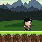 キャラクターが草が生えたプラットフォームの上を歩いており、背景には山が見える。