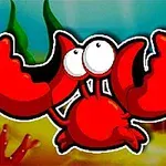 赤いアニメ風のカニが海底でユーモラスに描かれている。