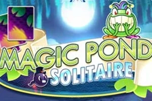 カラフルな文字で「MAGIC POND SOLITAIRE」と書かれたタイトルロゴと、笑顔の魔法のカエルが描かれたデザイン。