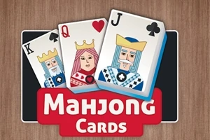 キング、クイーン、ジャックのデザインが施された3枚のトランプカードと「Mahjong Cards」の文字。