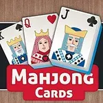 キング、クイーン、ジャックのデザインが施された3枚のトランプカードと「Mahjong Cards」の文字。