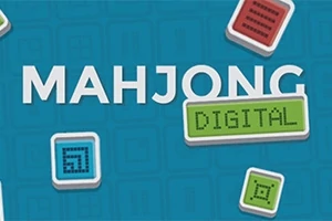 青い背景に「MAHJONG DIGITAL」という文字とカラフルなタイルが描かれたデザイン。