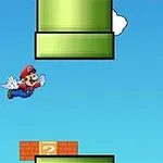 マリオが空を飛びながら緑のパイプを避けるシーン。