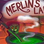 魔法のラボを背景に、緑色の液体が入った大きな鍋をかき混ぜるキャラクター。