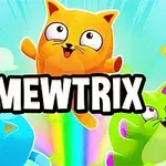カラフルな3匹の猫が虹の上にジャンプしているイラスト。