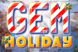 赤白のキャンディケイン模様とヒイラギの葉があしらわれた「GEM HOLIDAY」という文字が描かれた画像。