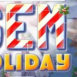 赤白のキャンディケイン模様とヒイラギの葉があしらわれた「GEM HOLIDAY」という文字が描かれた画像。