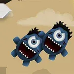 空を飛んでいる2匹の笑顔の青いモンスターキャラクター。