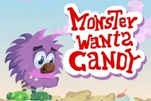 紫色の毛むくじゃらのかわいいモンスターと「Monster Wants Candy」という赤い文字が描かれているイラスト。