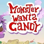 紫色の毛むくじゃらのかわいいモンスターと「Monster Wants Candy」という赤い文字が描かれているイラスト。