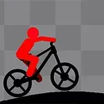 赤い人型が黒い自転車に乗っており、グレーの市松模様の背景に緑の稲妻マークが描かれたバッテリーアイコンがあるイラスト。