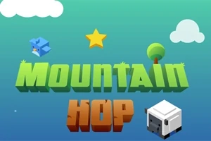 雲、木、星と青い鳥がいるシンプルなイラストで、背景は緑から青のグラデーションで「MOUNTAIN HOP」の文字があります。