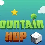 雲、木、星と青い鳥がいるシンプルなイラストで、背景は緑から青のグラデーションで「MOUNTAIN HOP」の文字があります。