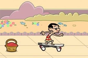 スケートボードに乗ったキャラクターとバスケットが並ぶアニメ風のシーン。